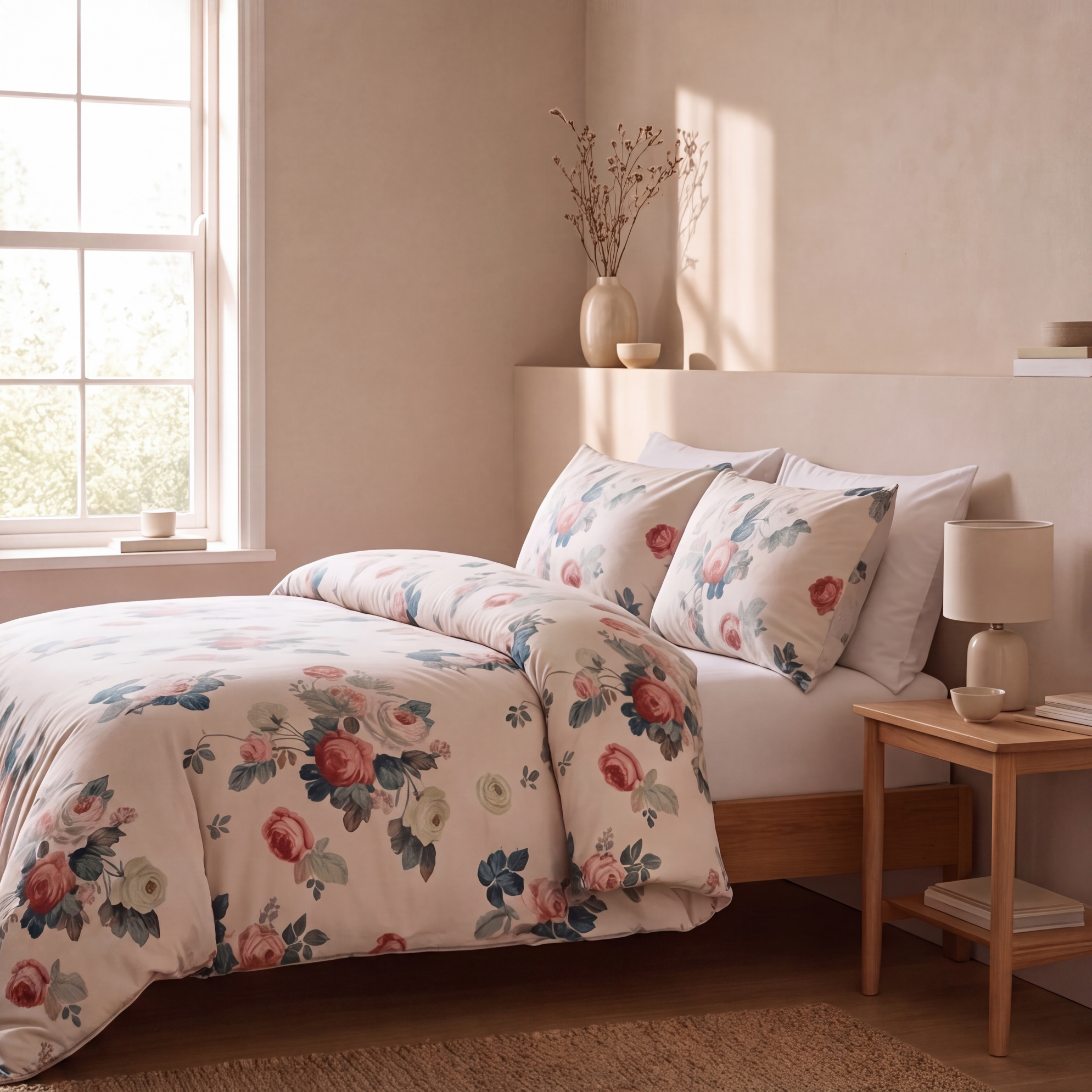 Parure en percale de coton 100 fils/cm² avec housse de couette et taies d'oreiller, texture lisse et finition durable