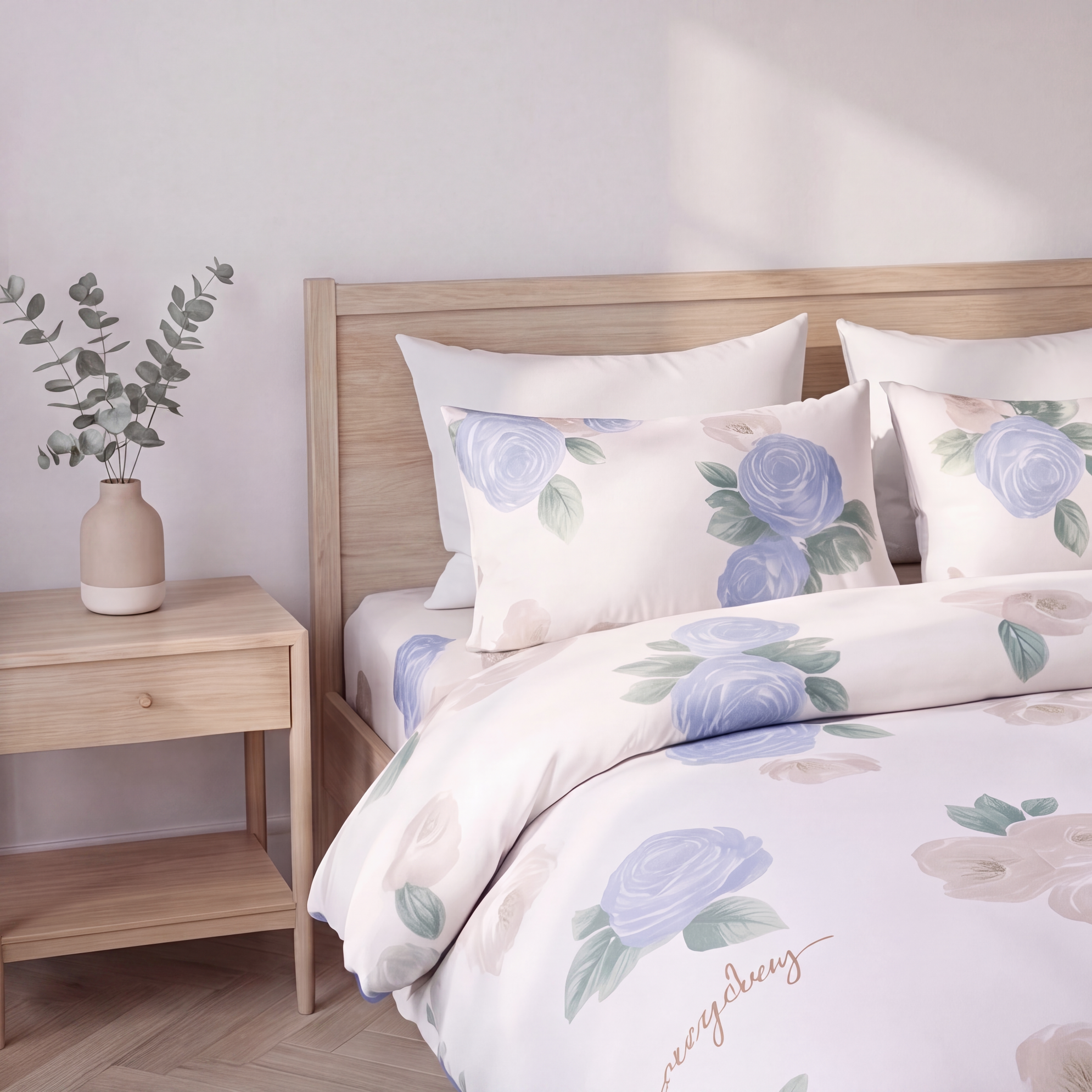 Parure en percale de coton Jardin de Saphir, détail chevet - Maison Textile