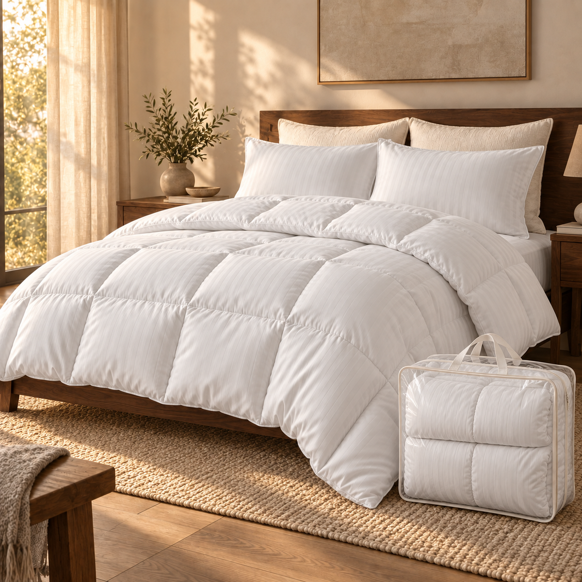 Couette satin premium blanche en coton, matelassage à carreaux cloisonnés et garnissage volumineux en laine naturelle.