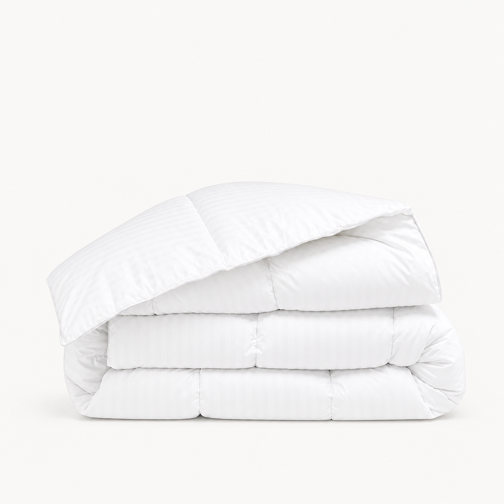 Couette satin premium blanche en satin de coton, à rayures discrètes et piquage en carreaux cloisonnés enveloppants.