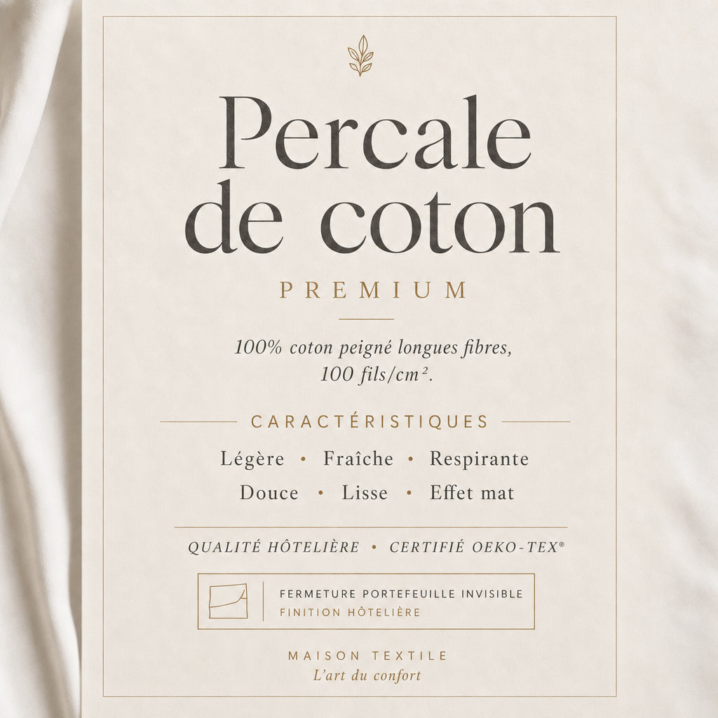 drap plat en percale de coton blanc, texture lisse et tissage serré pour un confort frais et élégant