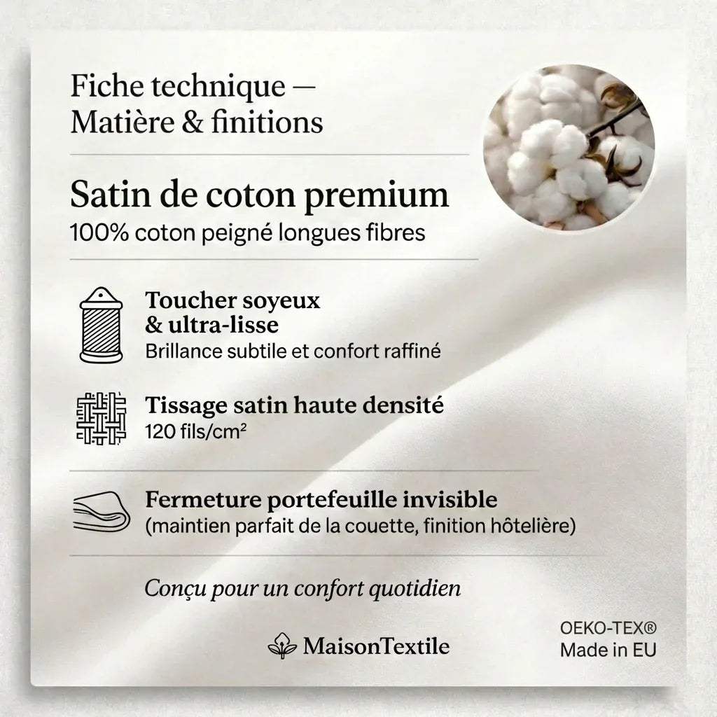 Draps plats en satin de coton – Fiche technique matière satin premium – Maison Textile