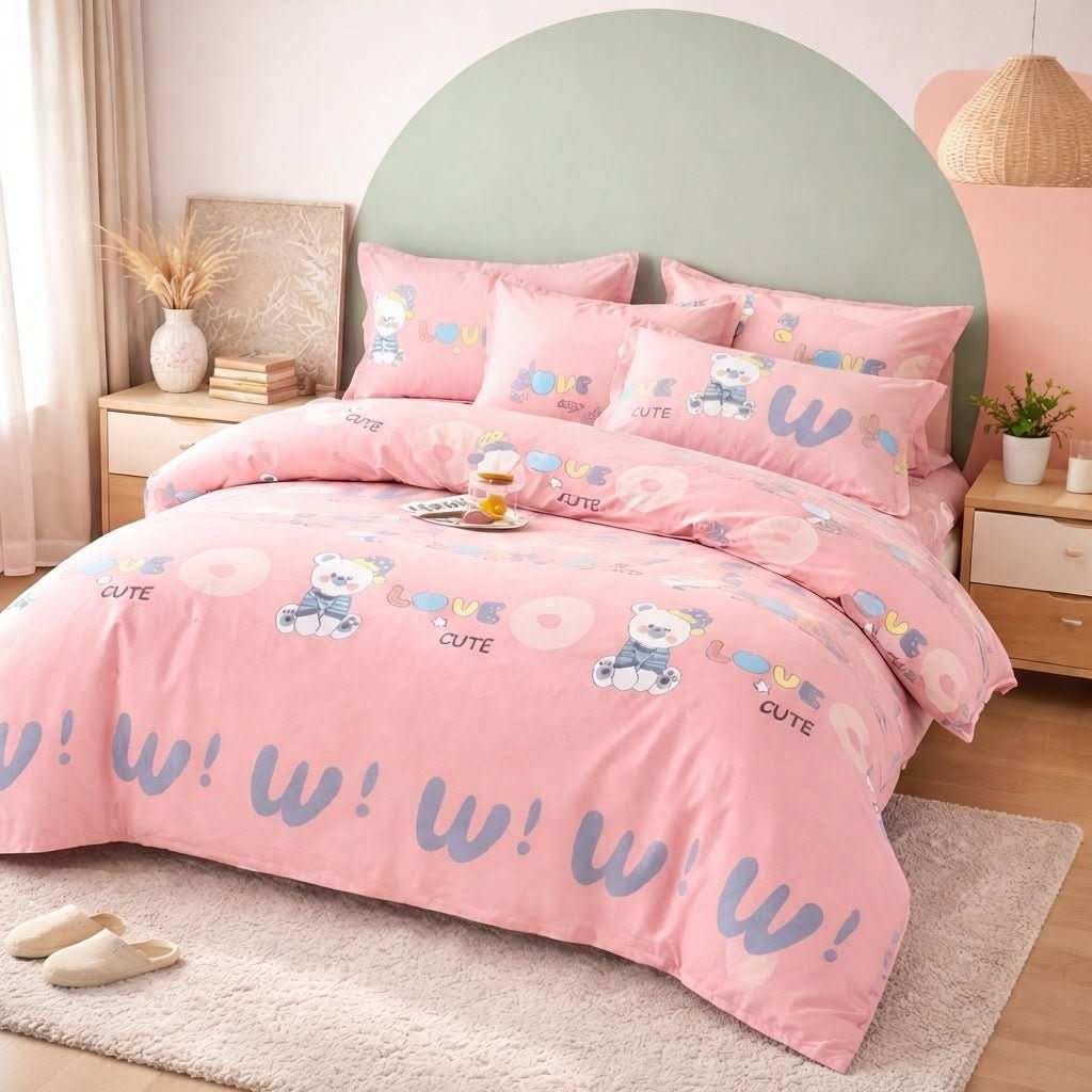 Housse de couette percale de coton - Ourson en Ourson Love Rose – Linge de lit haut de gamme - MaisonTextile