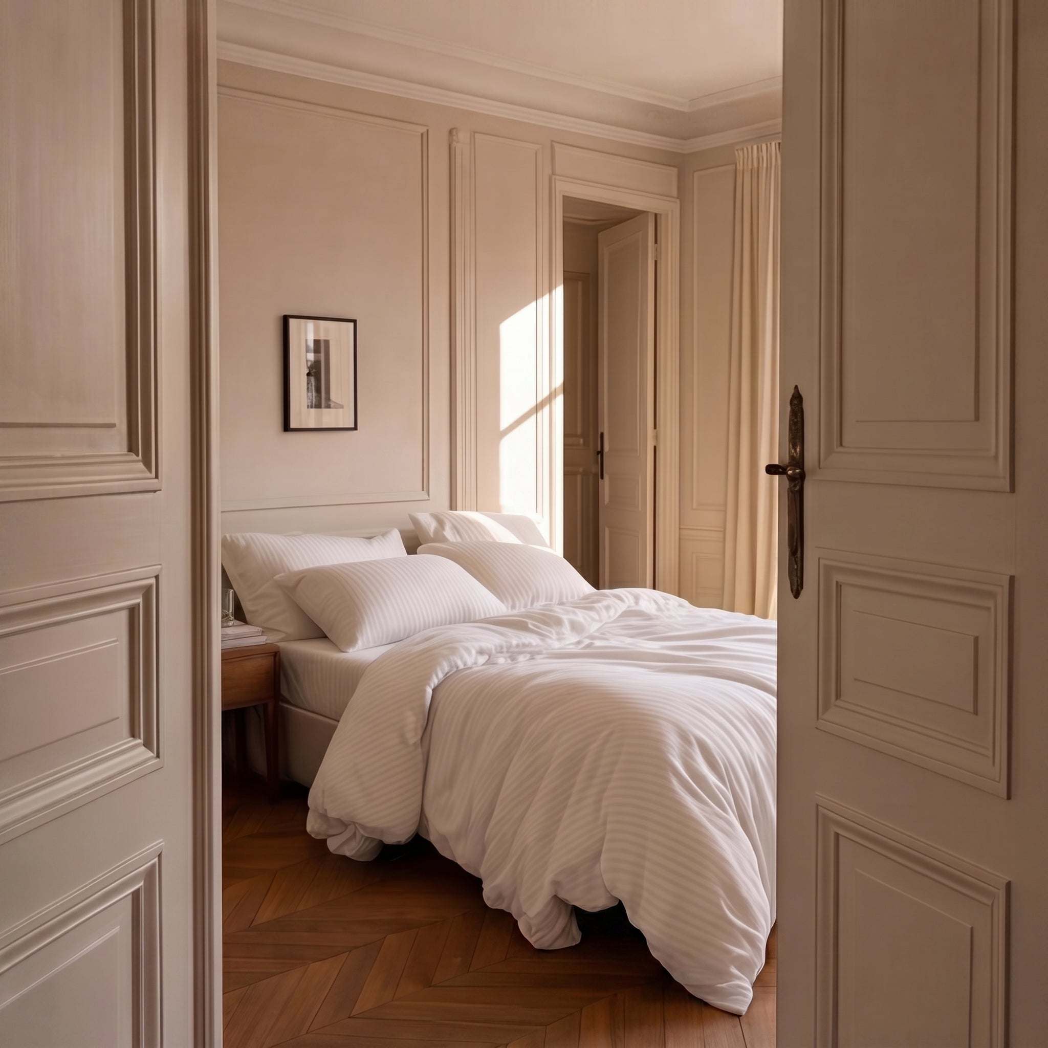 Drap-housse satin premium à fines rayures élégantes en coton soyeux et brillant