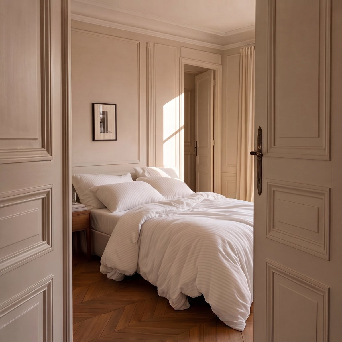 Housse de couette satin de coton Blanc Neige sur un lit, chambre lumineuse