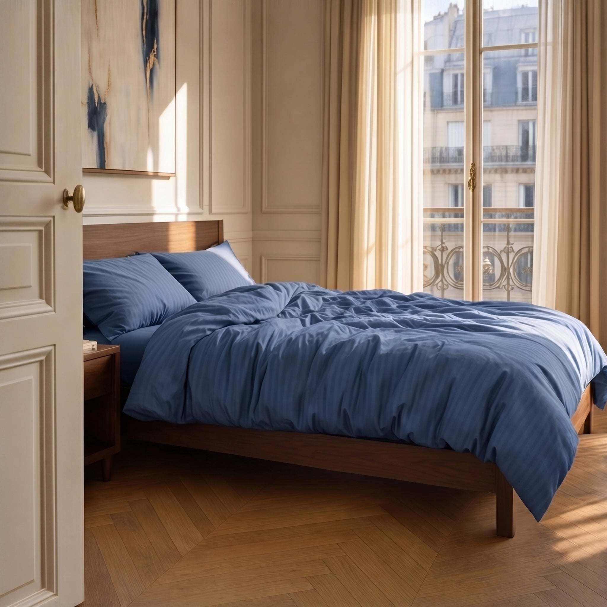 Drap-housse satin premium en coton à fines rayures élégantes avec finition soyeuse et brillance subtile.