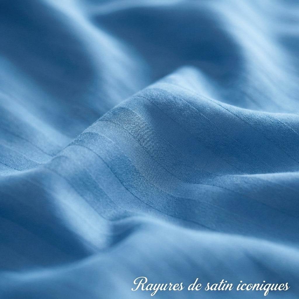 Housse de couette satin de coton - Rayures satinées en Bleu Océan – Linge de lit haut de gamme - MaisonTextile