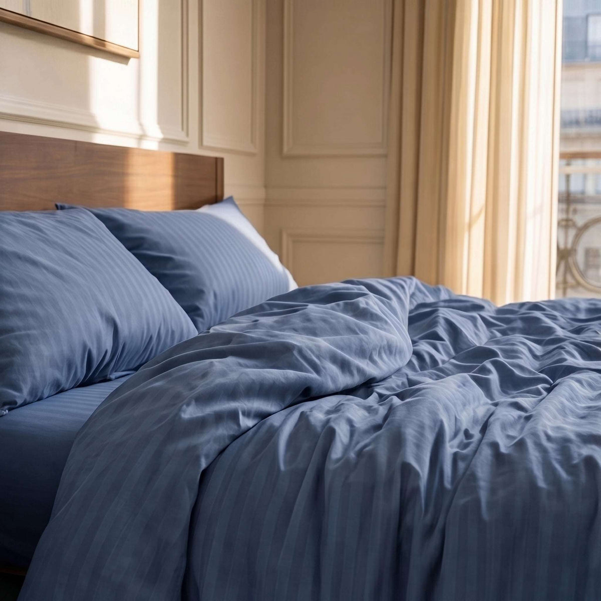 Housse de couette en satin de coton avec rayures satinées, douce et élégante, finition soyeuse et lumineuse, confection européenne, qualité durable et respirante.