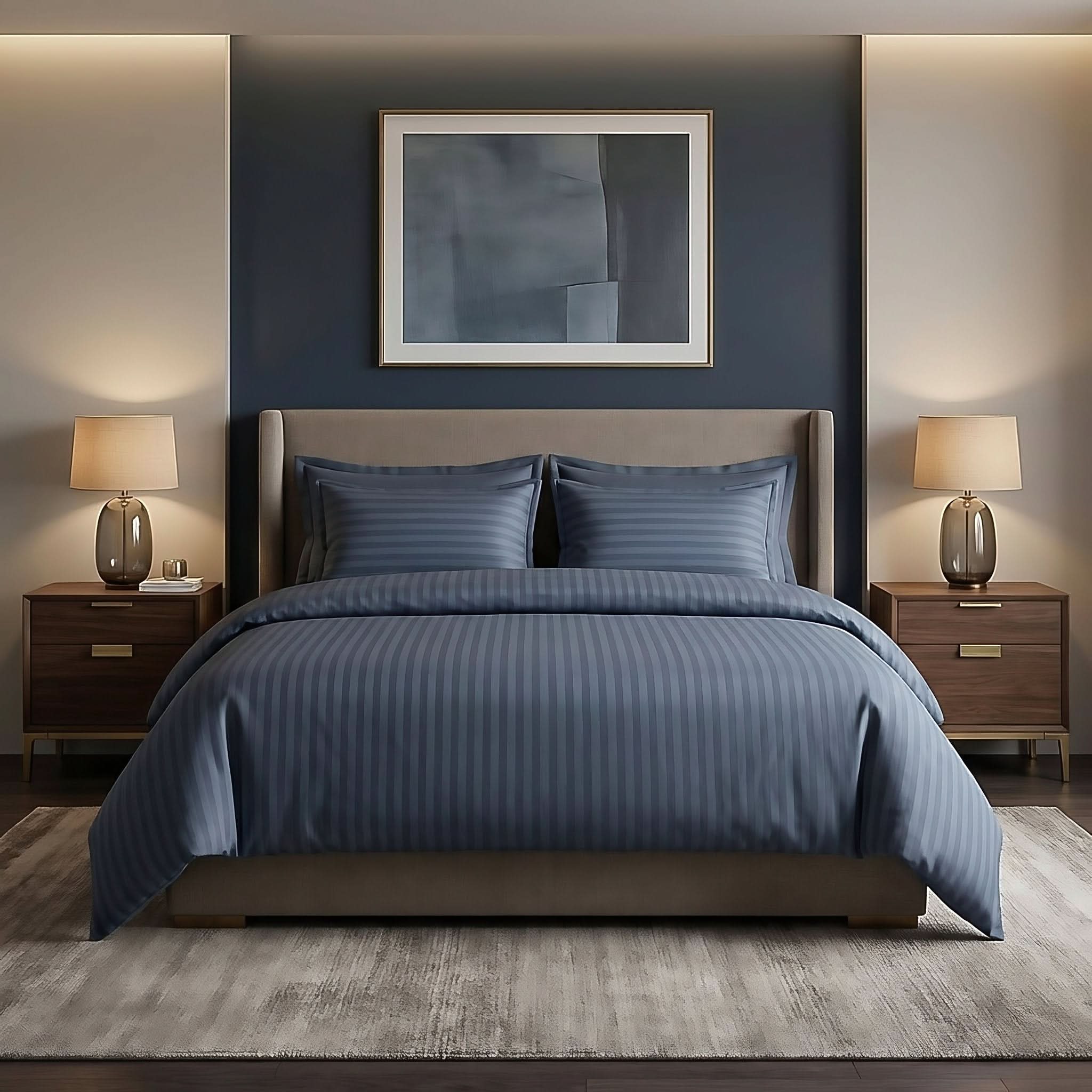 Housse de couette satin de coton - Rayures satinées en Gris Bleuté – Linge de lit haut de gamme - MaisonTextile