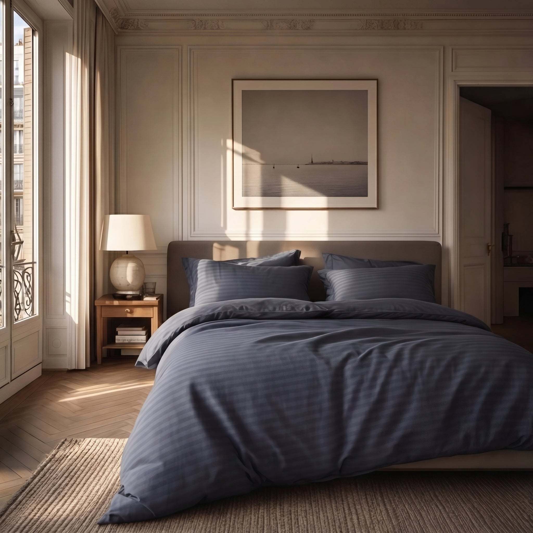 Drap-housse satin premium à fines rayures élégantes, texture soyeuse et brillante, ambiance raffinée et paisible