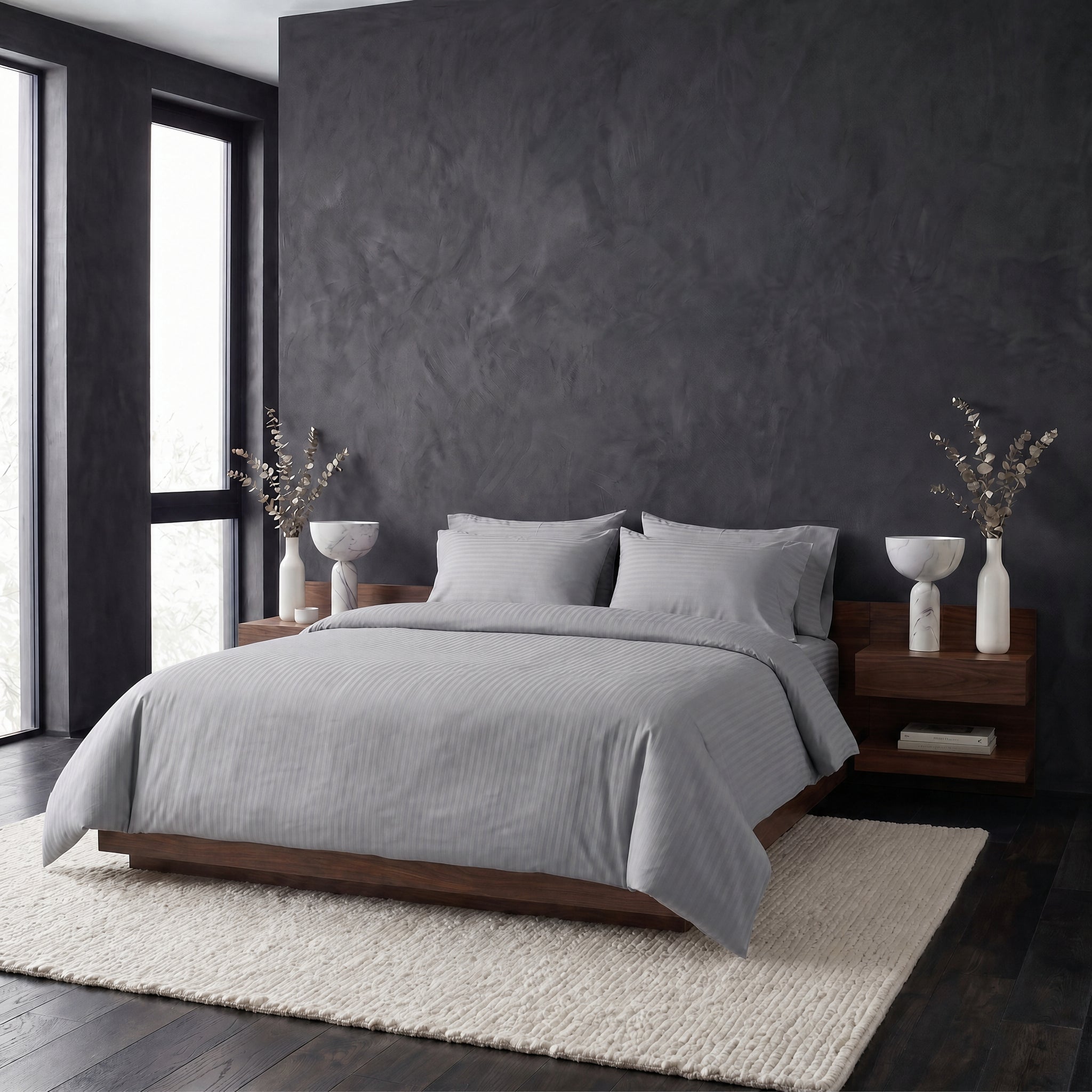 Housse de couette satin de coton - Rayures satinées en Gris – Linge de lit haut de gamme - MaisonTextile