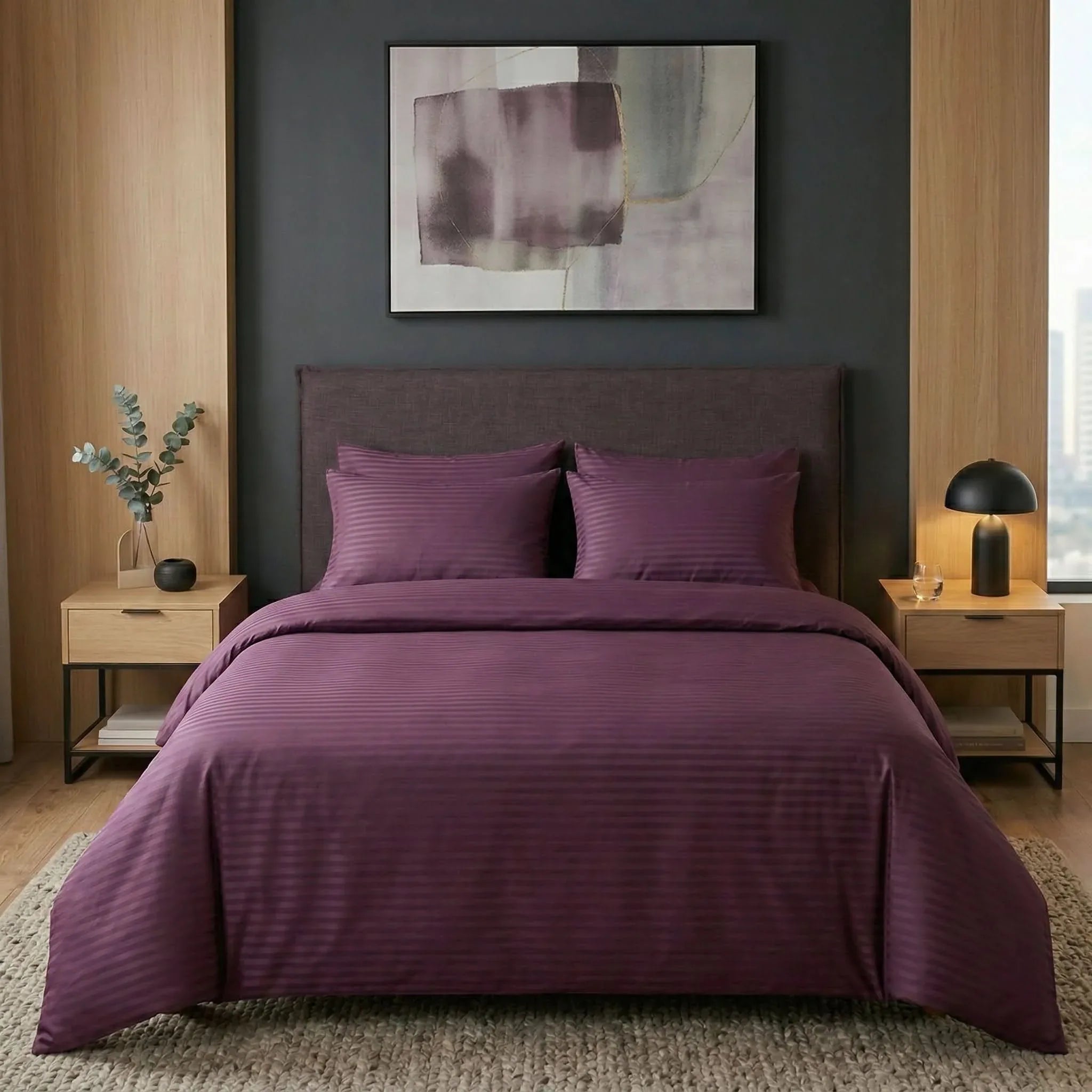 Housse de couette satin de coton - Rayures satinées en Mauve Bordeaux – Linge de lit haut de gamme - MaisonTextile