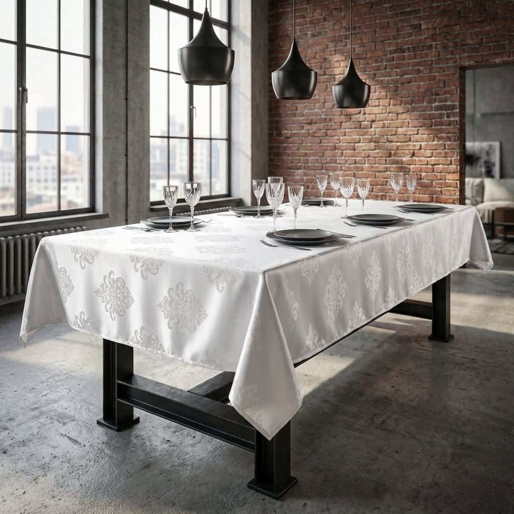Nappe de table satin en coton blanc avec motif jacquard floral élégant