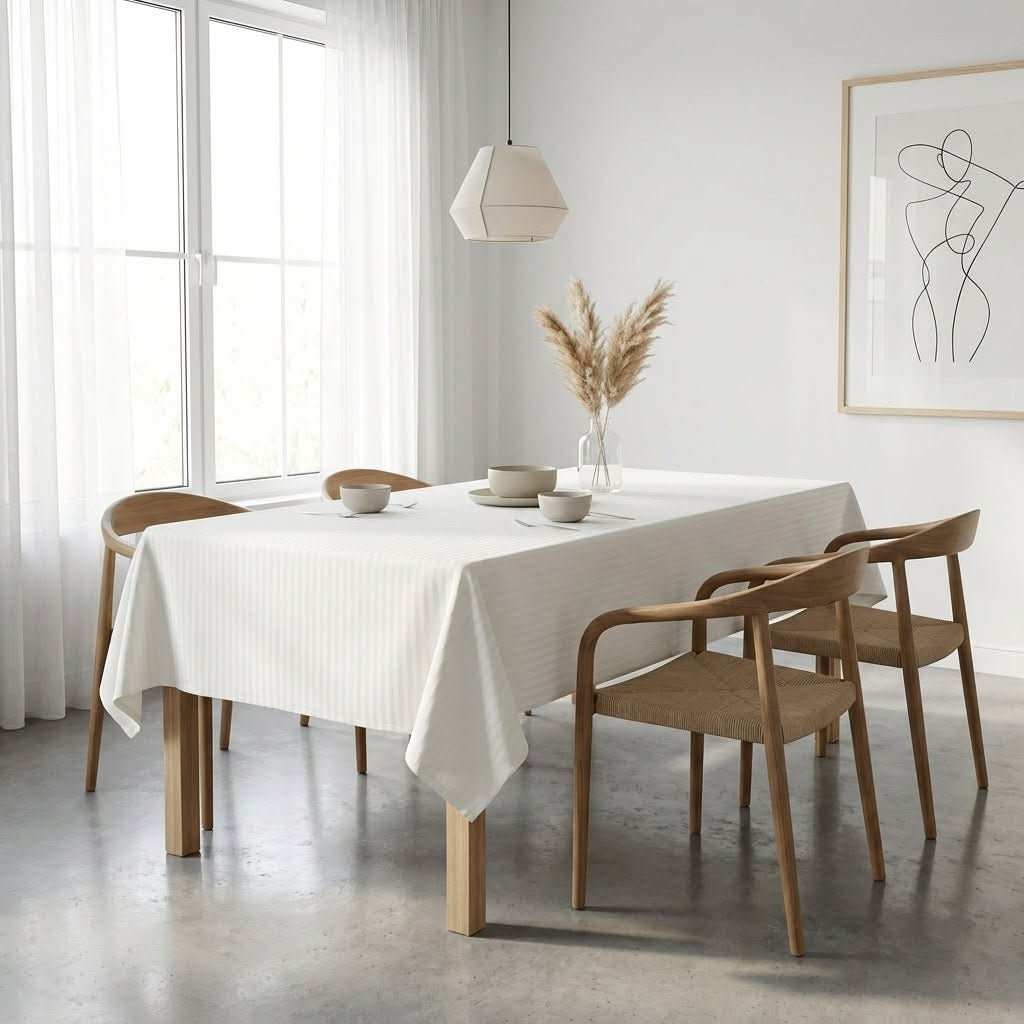 Nappe de table coton rayures satinées blanc neige, vue table dressée - Maison Textile