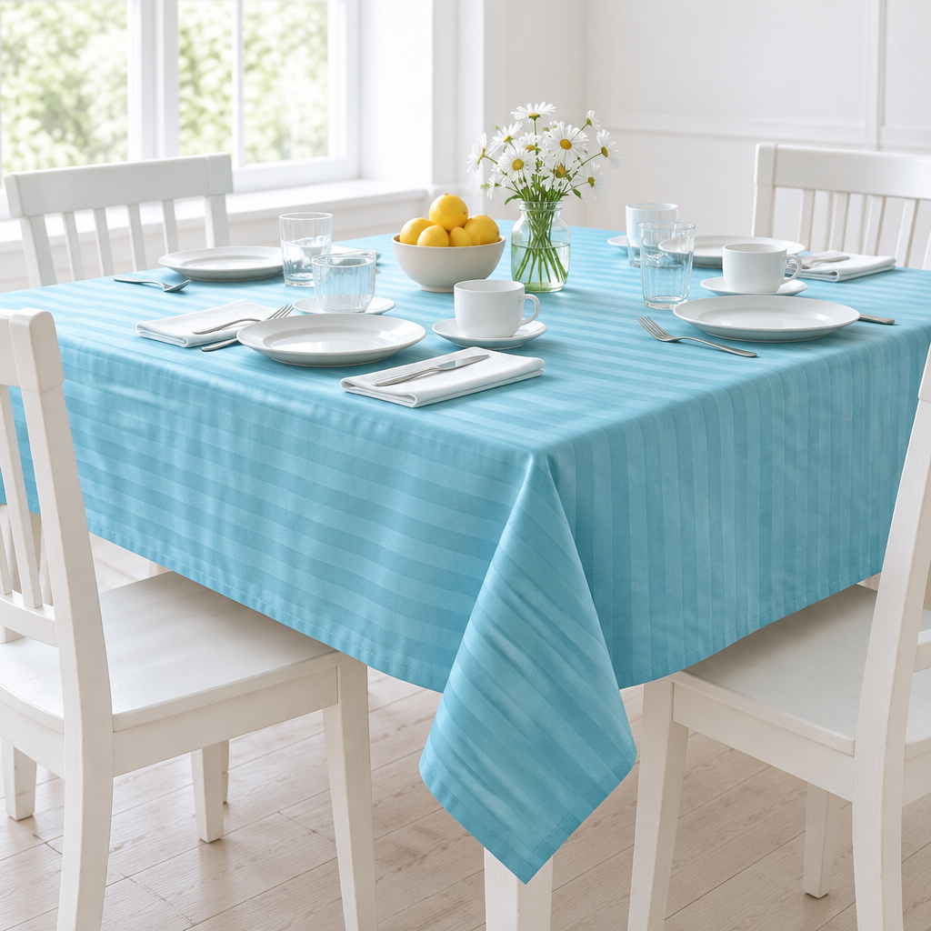 Nappe satin de coton rayures Bleu Ciel sur une table de petit-déjeuner, cuisine lumineuse