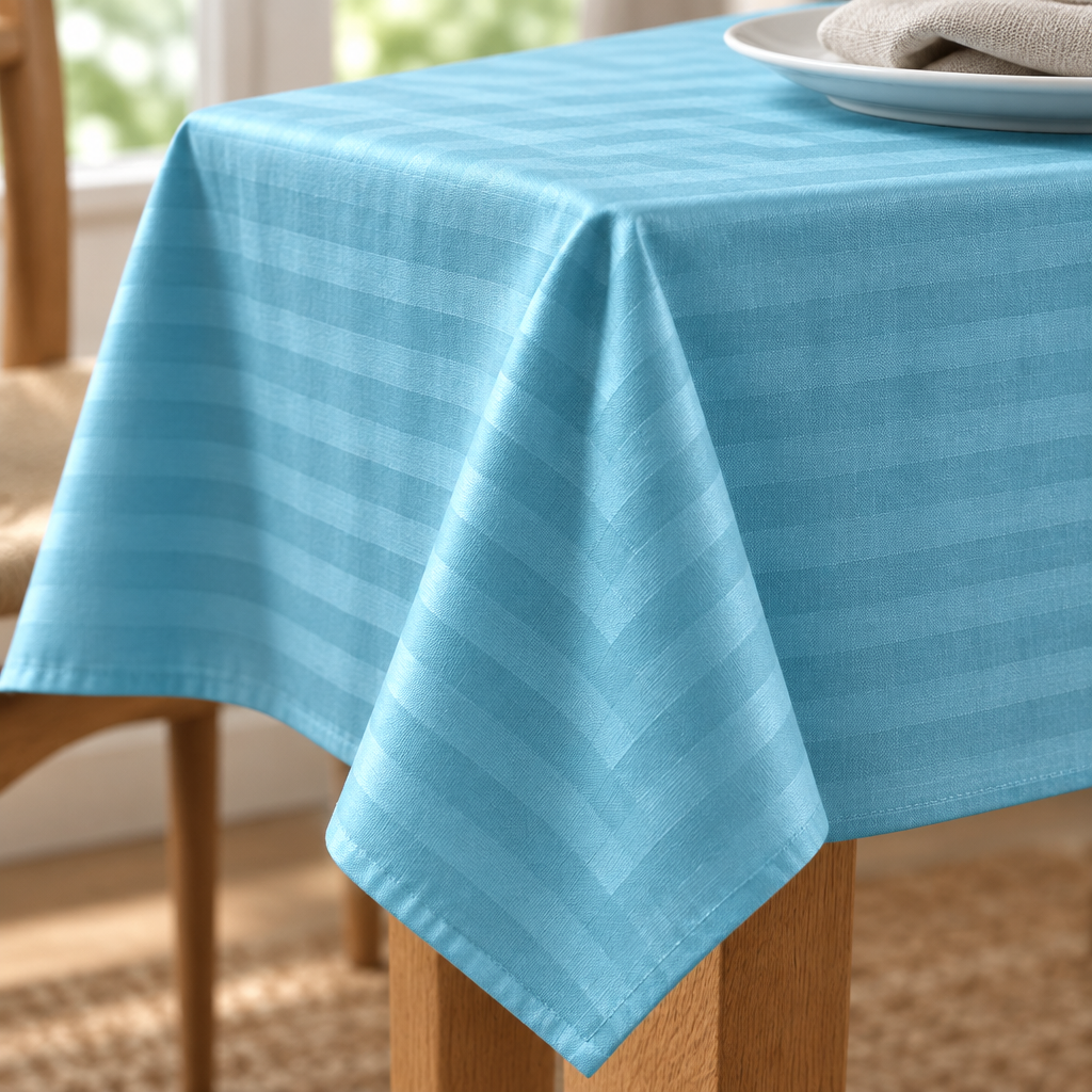 Tombé et ourlet de la nappe satin de coton rayures Bleu Ciel