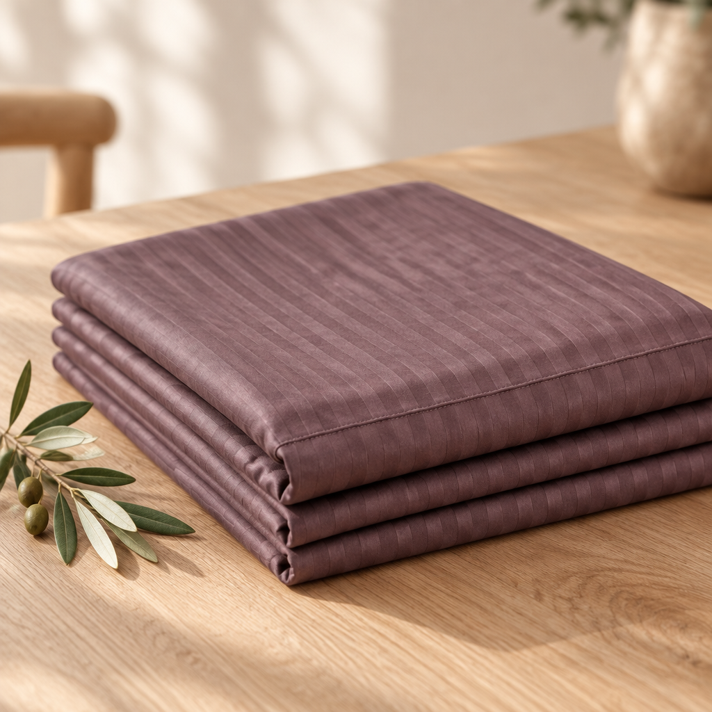 Nappe satin de coton rayures Brun Cacao pliée, rayures satinées ton sur ton
