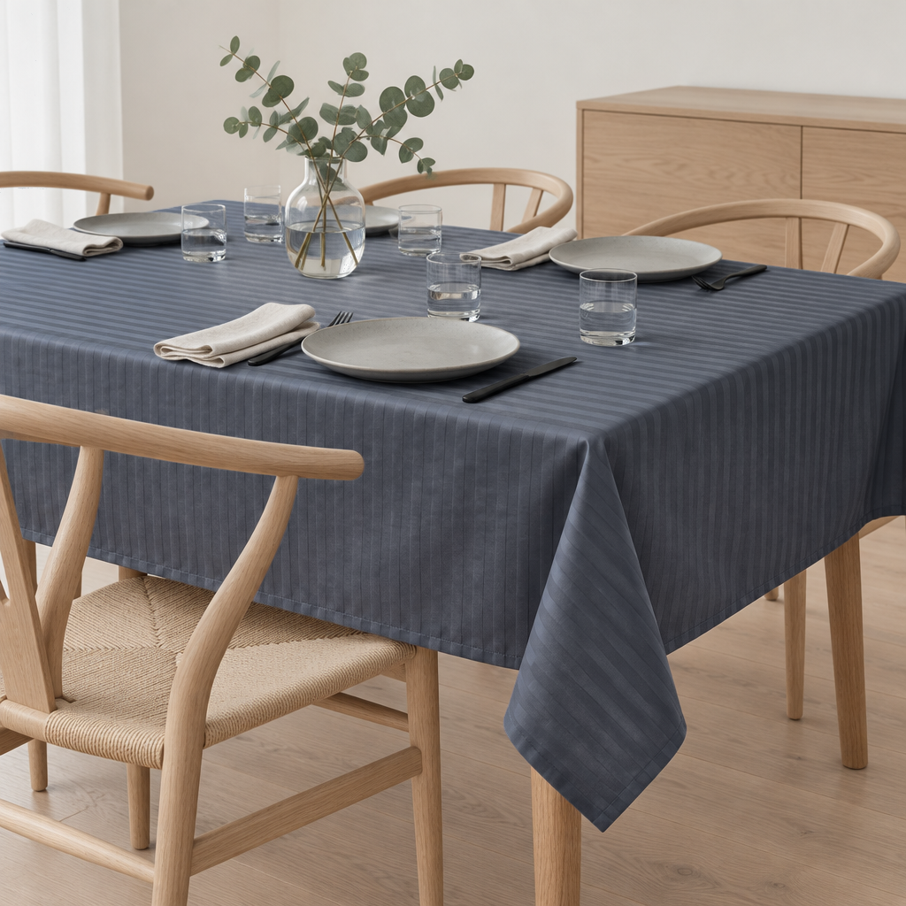 Nappe satin de coton rayures Gris Bleuté sur une table dressée, intérieur scandinave