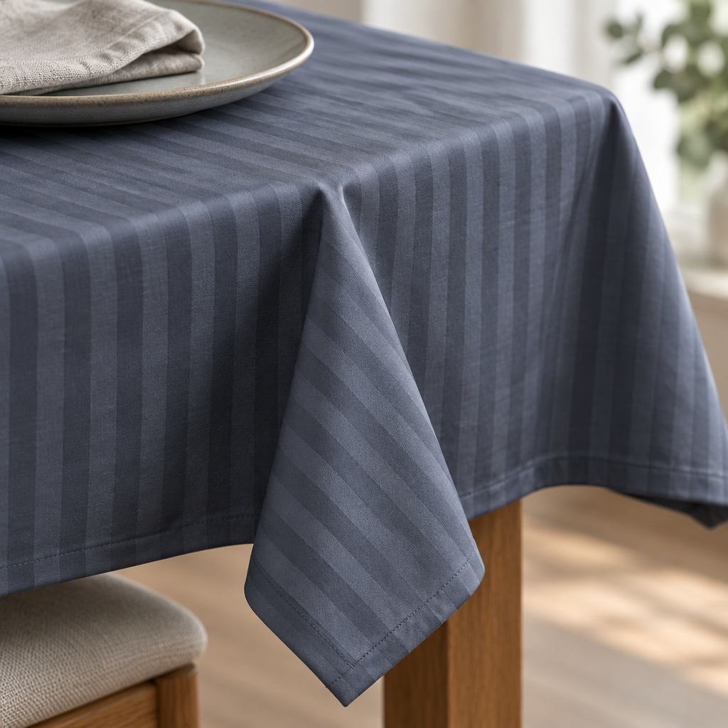 Tombé et ourlet de la nappe satin de coton rayures Gris Bleuté