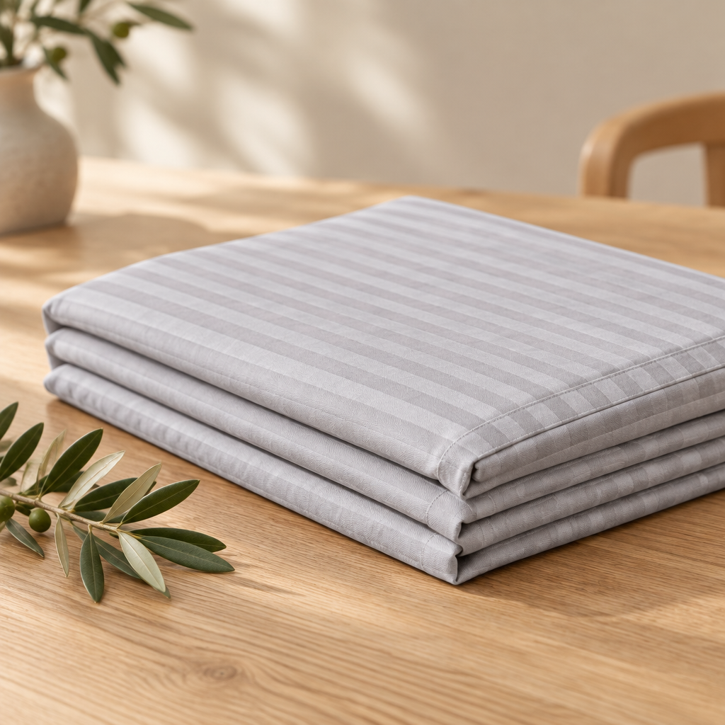 Nappe satin de coton rayures Gris Brume pliée, rayures satinées ton sur ton