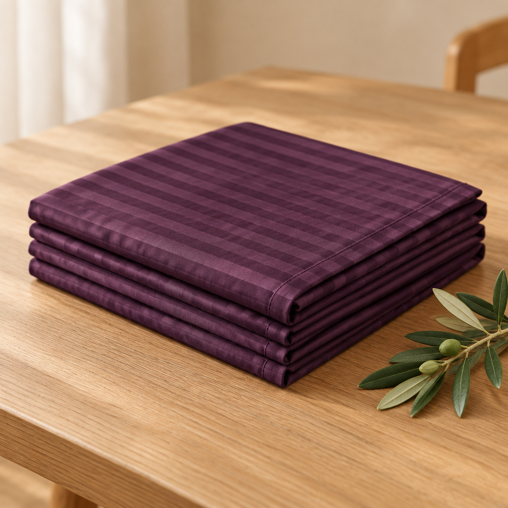 Nappe satin de coton rayures Mauve Bordeaux pliée, rayures satinées ton sur ton