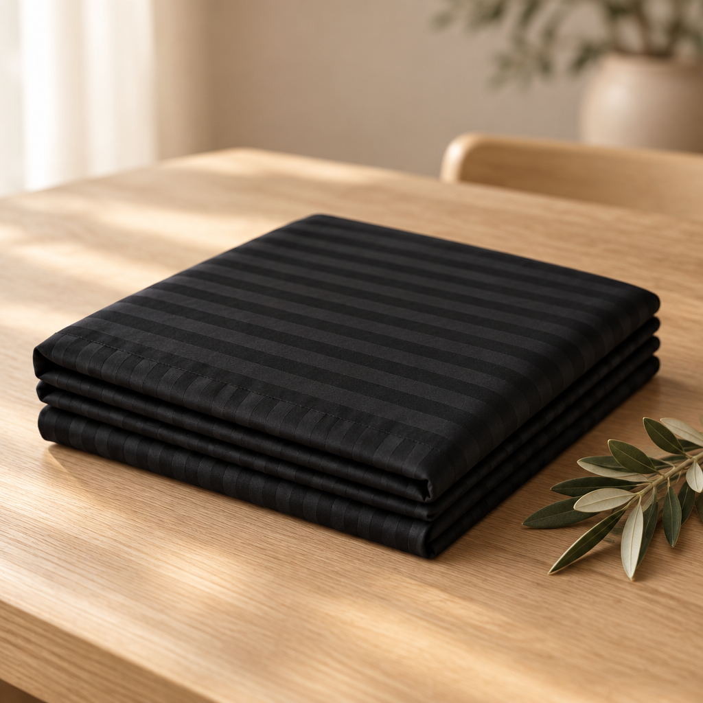Nappe satin de coton rayures Noir Signature pliée, rayures satinées ton sur ton