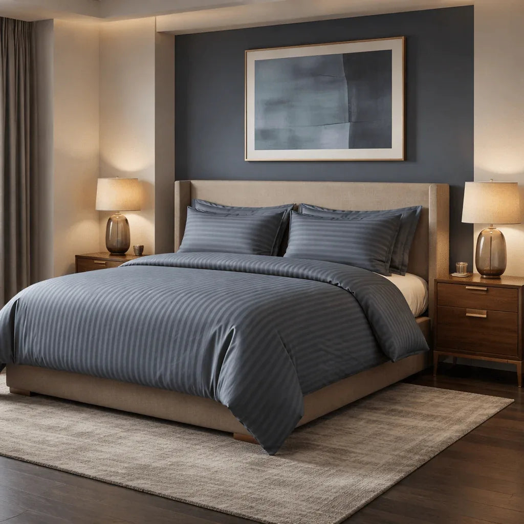 Parure de lit en satin de coton – Rayures satinées en Gris Bleuté – Linge de lit haut de gamme - MaisonTextile
