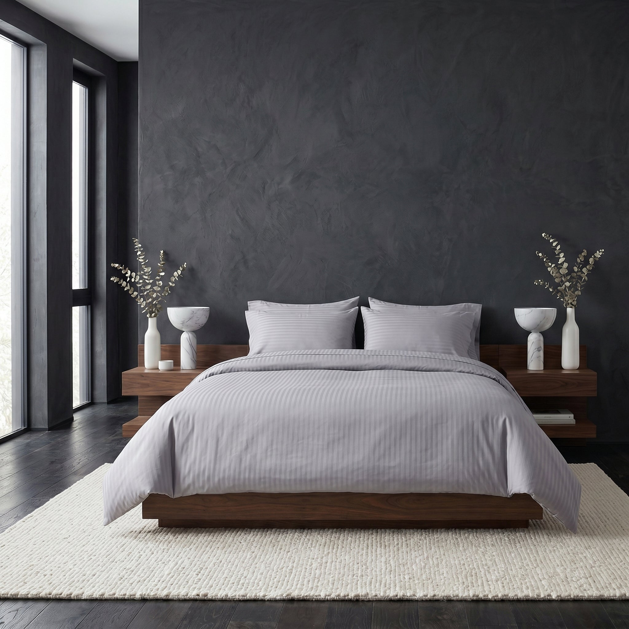 Parure de lit en satin de coton – Rayures satinées en Gris – Linge de lit haut de gamme - MaisonTextile