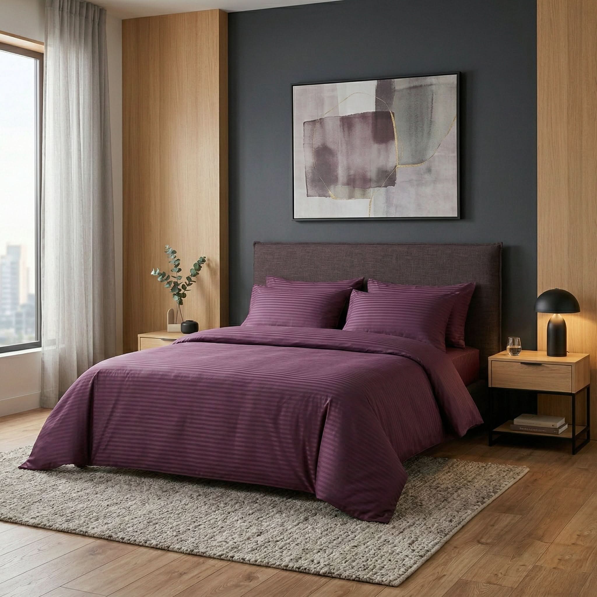 Parure de lit en satin de coton – Rayures satinées en Mauve Bordeaux – Linge de lit haut de gamme - MaisonTextile