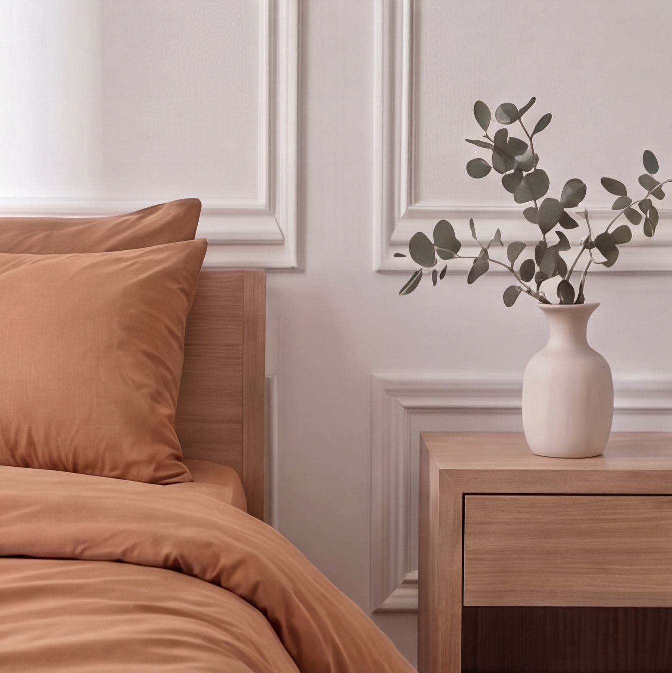 Parure en percale de coton unie chocolat – détail chevet raffiné