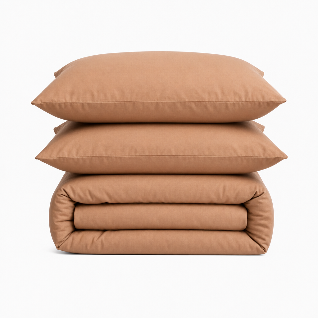 Parure en percale de coton unie chocolat – packshot ensemble haut de gamme