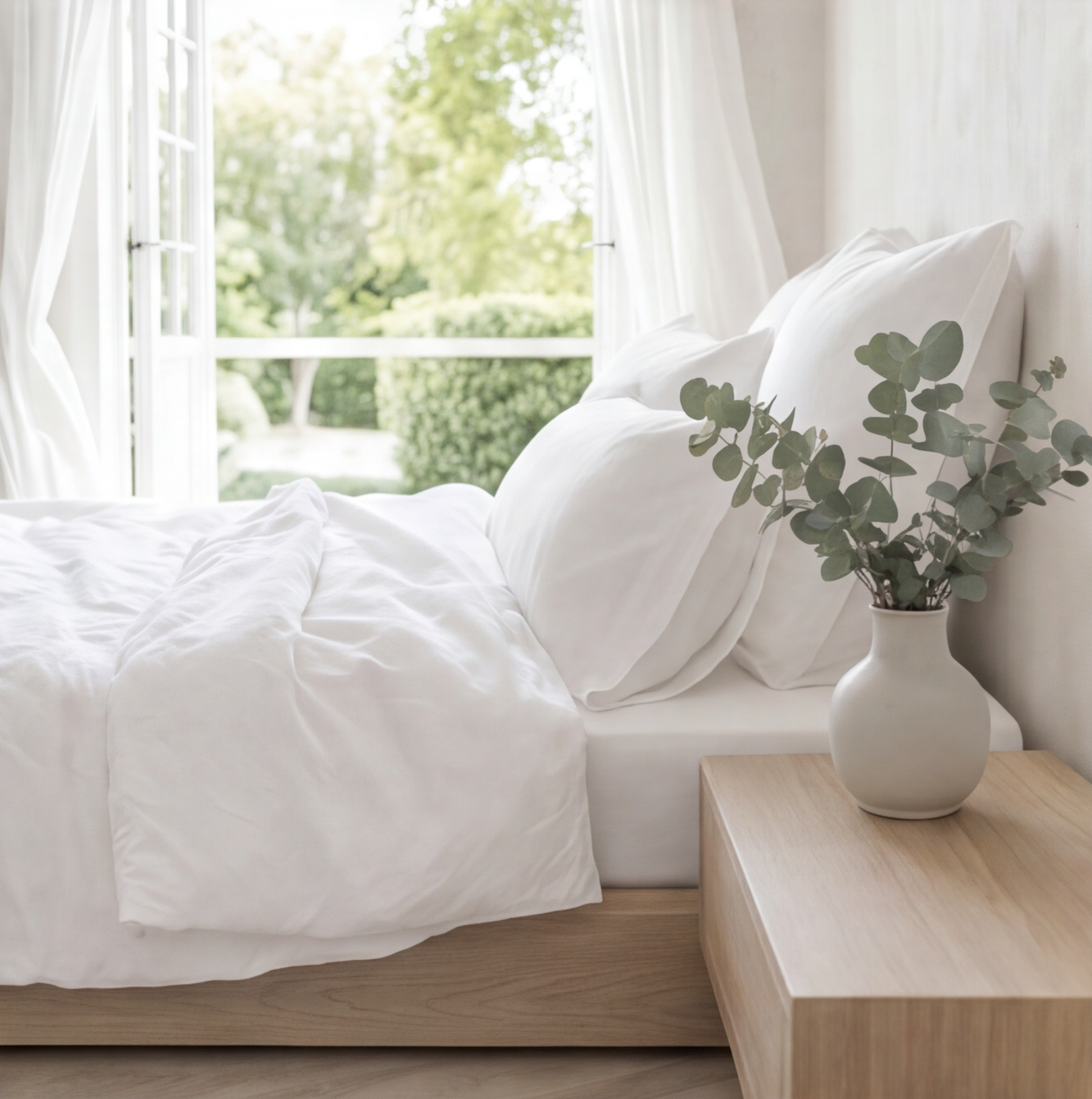 Drap-housse en percale de coton 100 fils/cm², tissu lisse, frais et respirant avec maintien optimal et élastique périphérique.