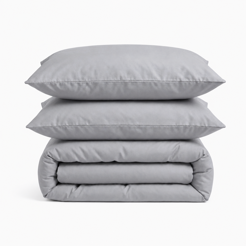 Parure en percale de coton unie gris céladon – packshot ensemble coordonné