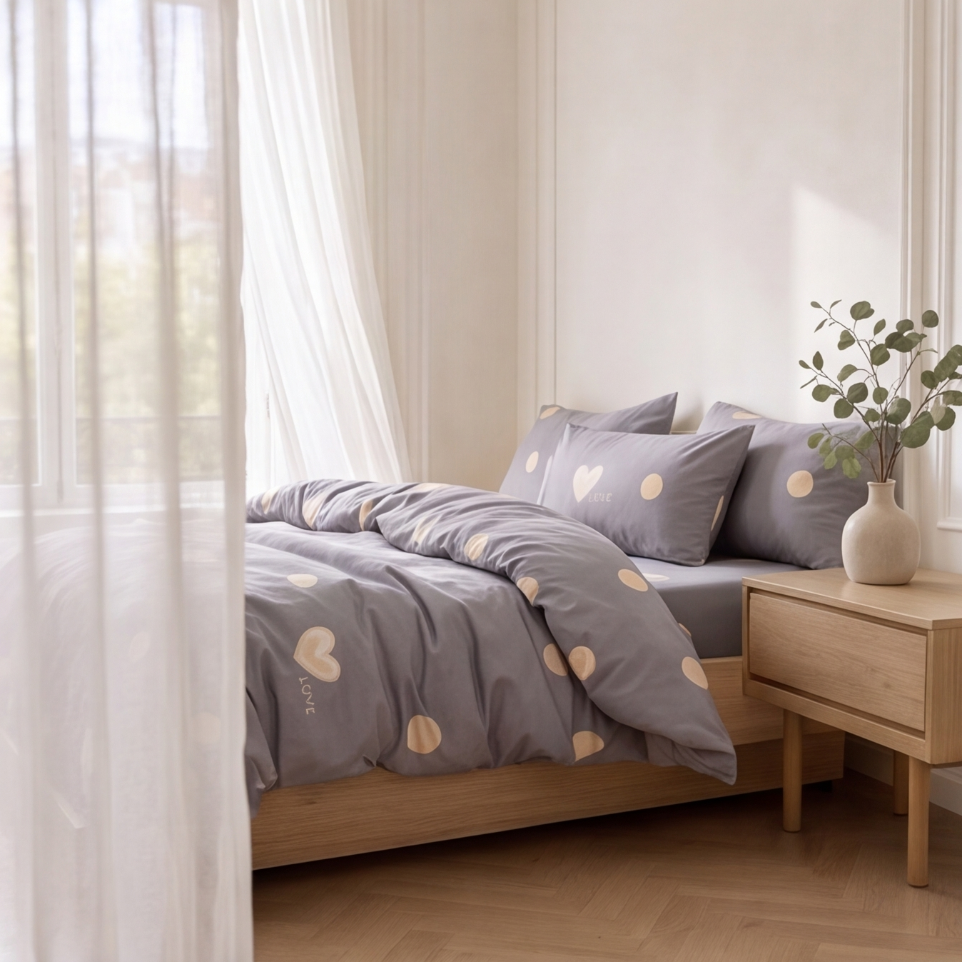 Parure en percale de coton Love Perle – vue côté ambiance romantique