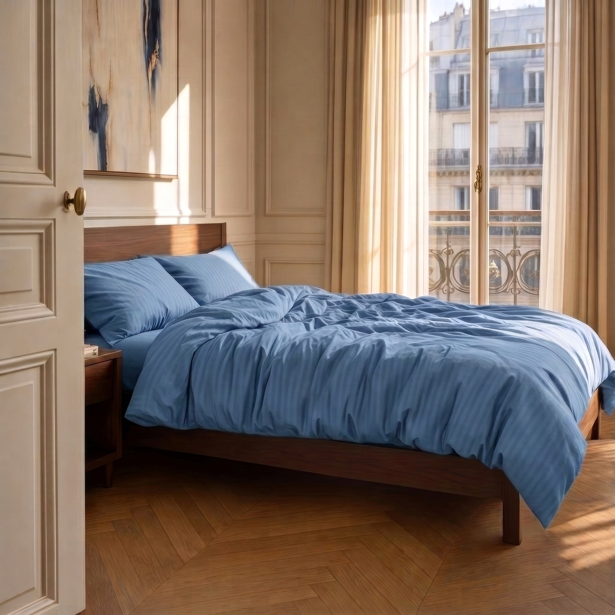 Parure en satin de coton premium avec rayures élégantes, douceur soyeuse et finition haut de gamme européenne