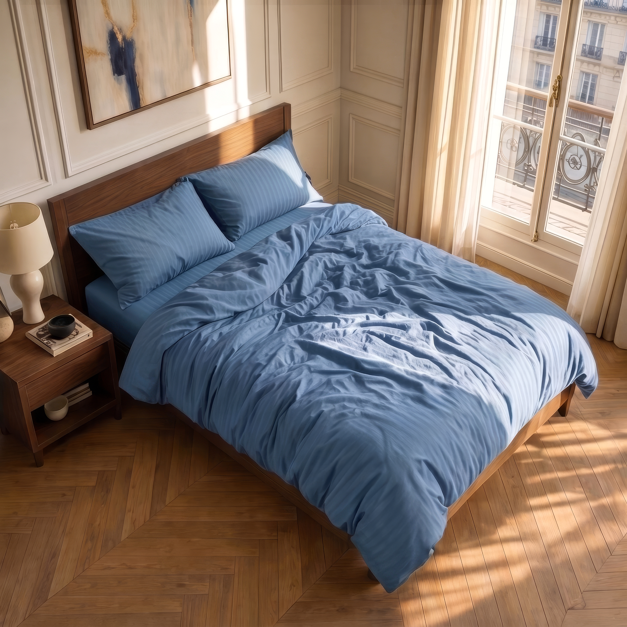 Parure de lit satin premium avec housse de couette et taies d’oreiller rayées élégantes en satin de coton soyeux.