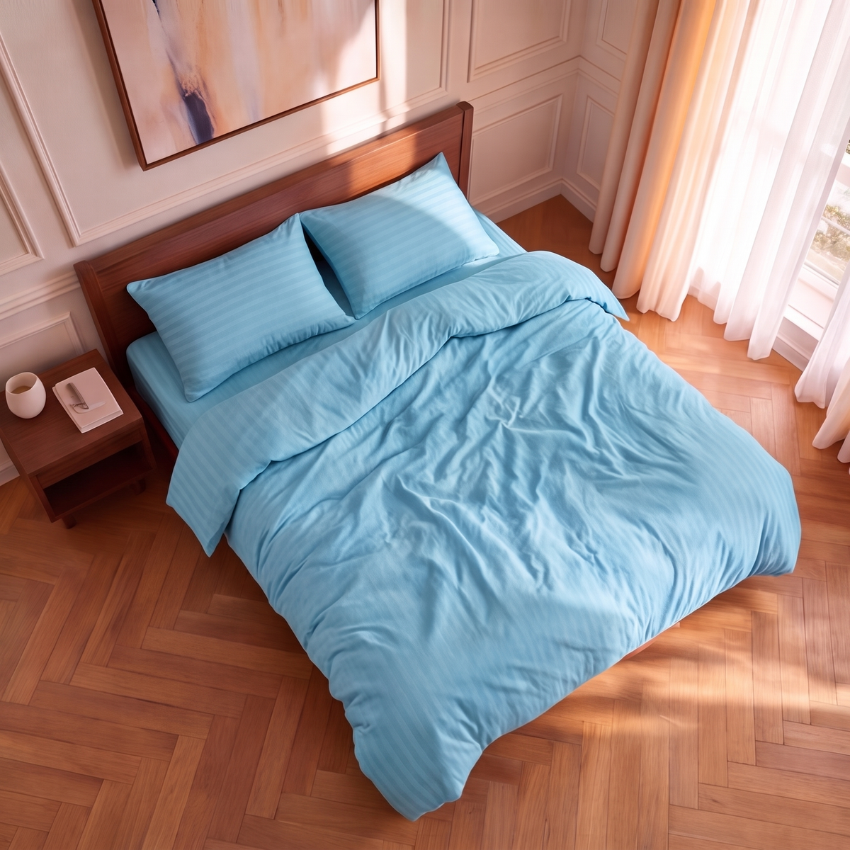 Parure de lit satin premium avec housse de couette et taies d’oreiller rayées élégantes en satin de coton soyeux.