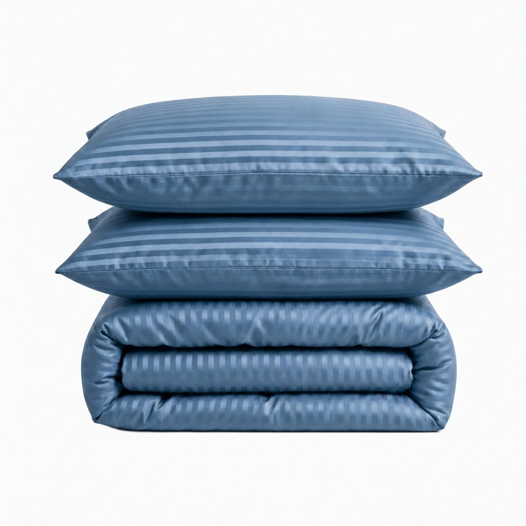 Parure de lit satin premium en coton, douceur soyeuse, rayures élégantes, finition européenne, ensemble housse de couette et taies d’oreiller.