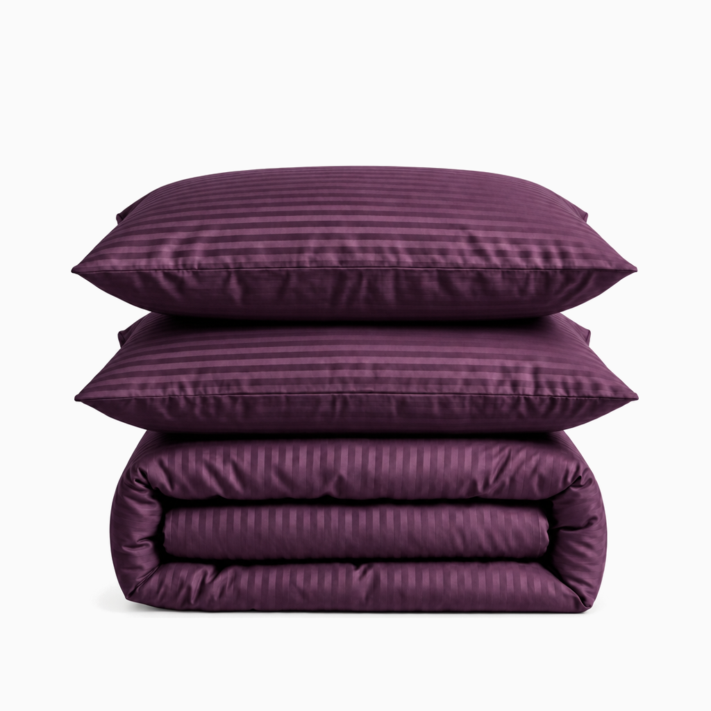 Parure de lit satin de coton rayures Mauve Bordeaux – Maison Textile
