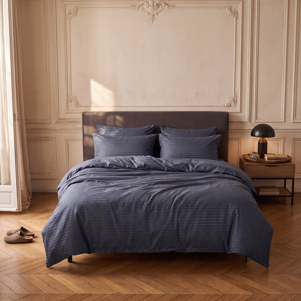 Parure de lit satin de coton Gris Bleuté dans une chambre haussmannienne, parquet en point de Hongrie