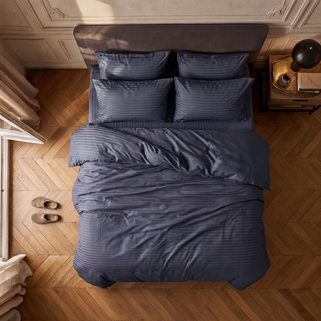 Vue de dessus de la parure de lit satin Gris Bleuté : housse de couette et taies assorties