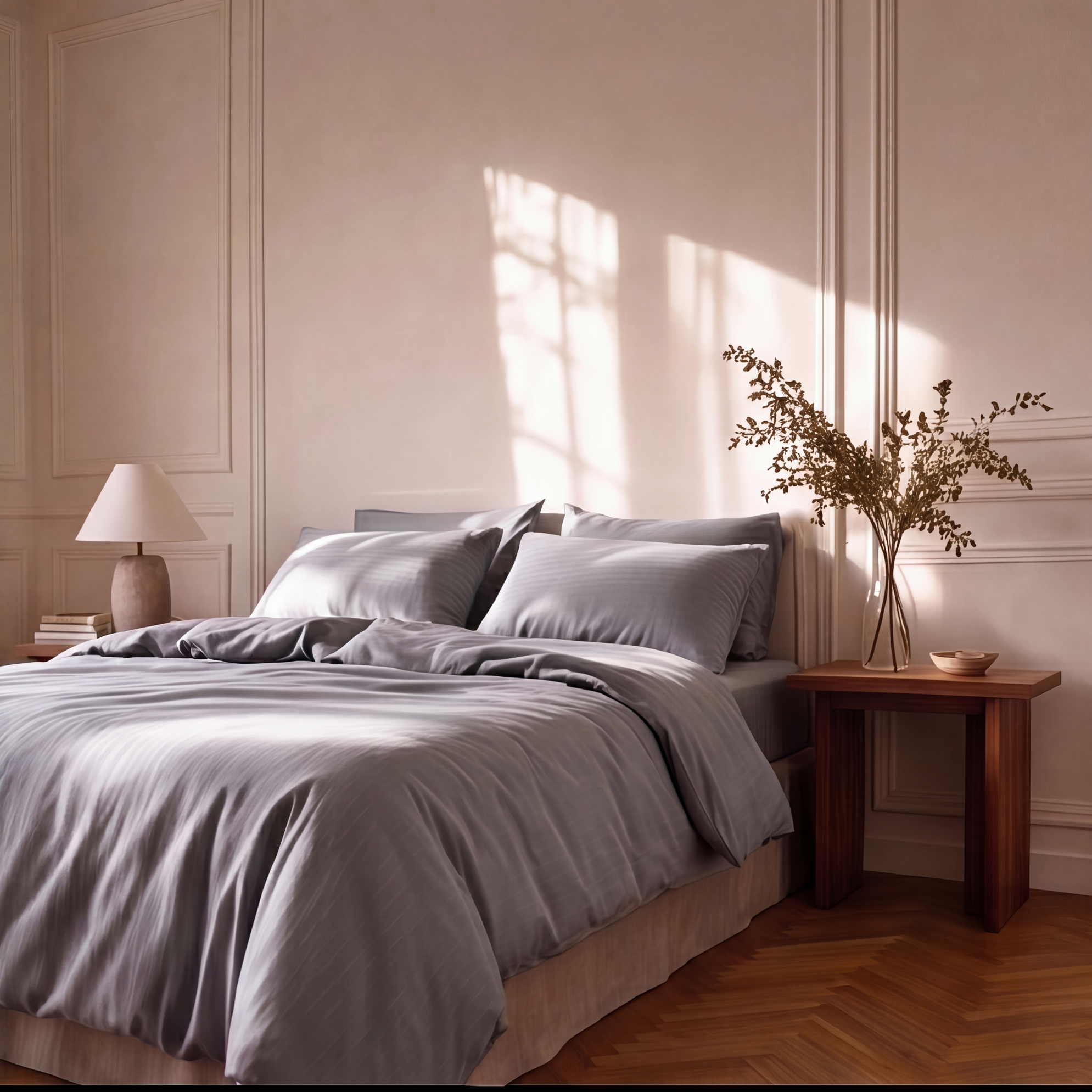 Parure de lit en satin de coton 120 fils/cm² avec rayures élégantes, douceur soyeuse et finition raffinée