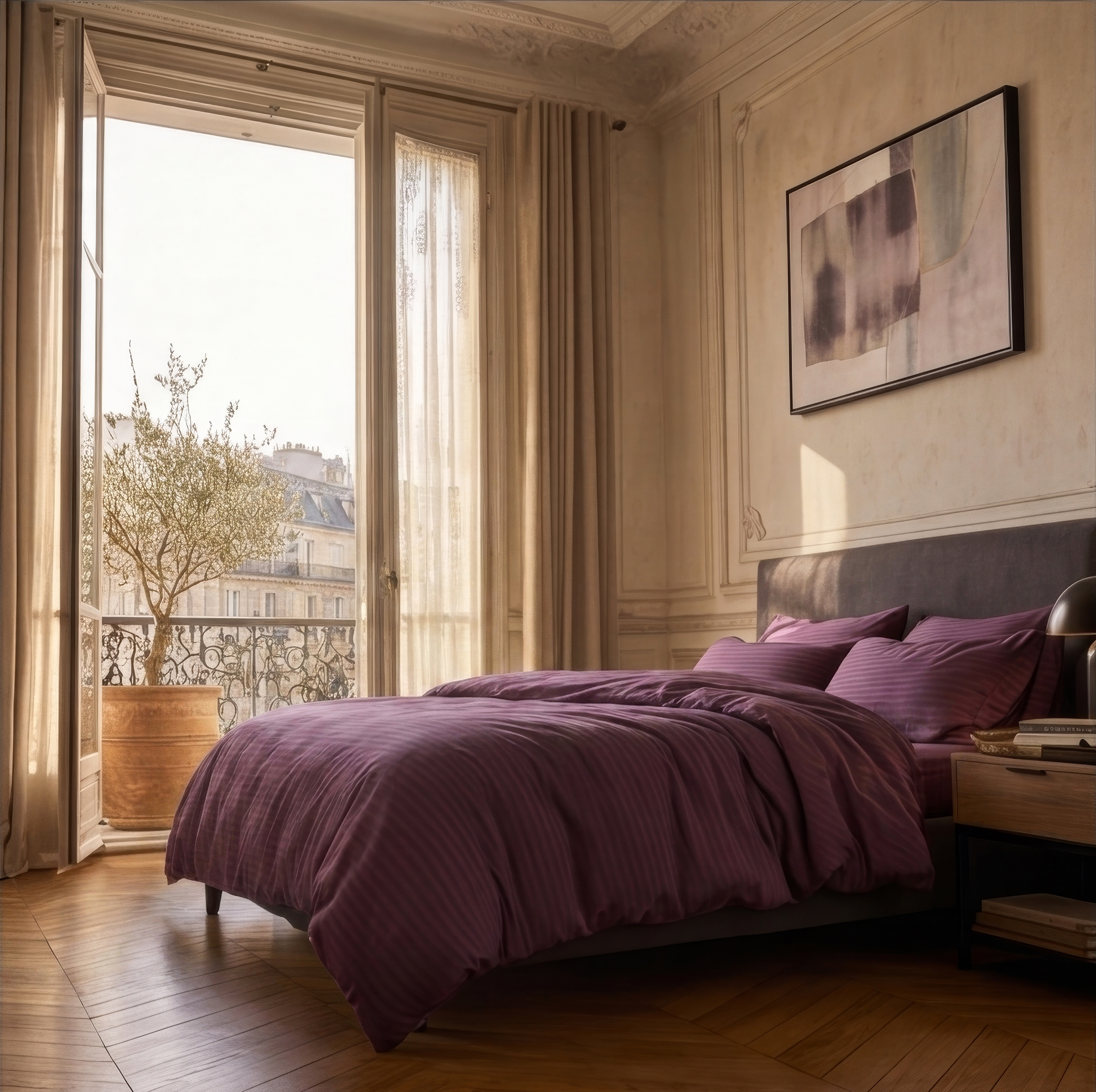 Parure de lit satin premium à rayures élégantes en satin de coton doux et soyeux