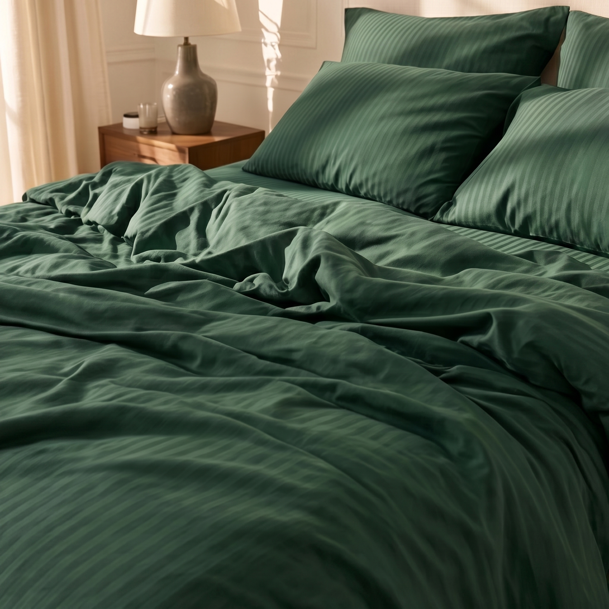 Parure de lit satin premium en coton avec rayures élégantes, finition soyeuse et lumineuse, housse de couette et taies d'oreiller assorties.