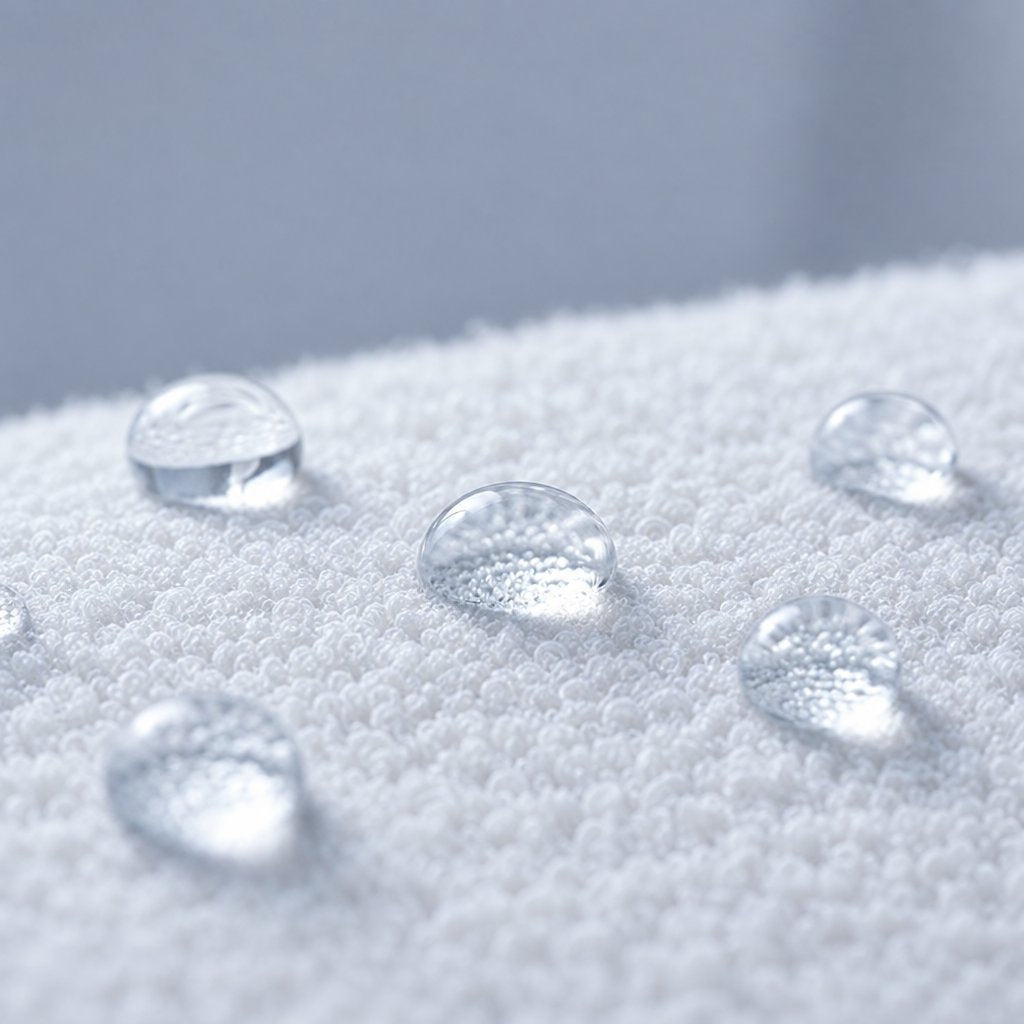 Gouttes d'eau perlant sur l'éponge bouclette du protège-oreiller imperméable