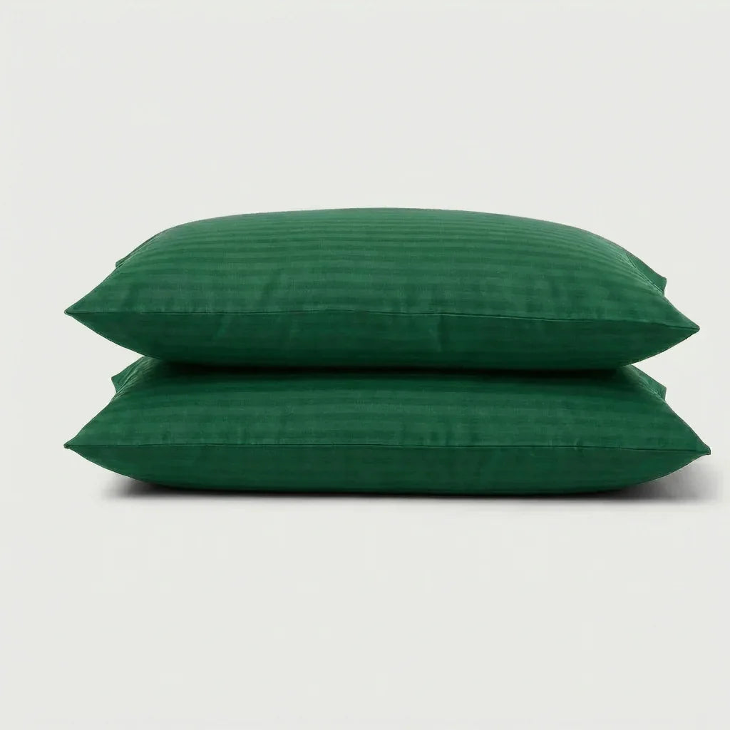 Taies d'oreiller satin de coton - Rayures satinées en Vert Émeraude – - MaisonTextile