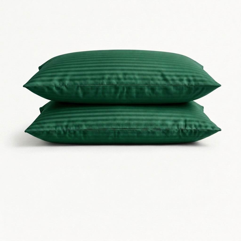 Taies d'oreiller satin de coton - Rayures satinées en Vert Émeraude – - MaisonTextile