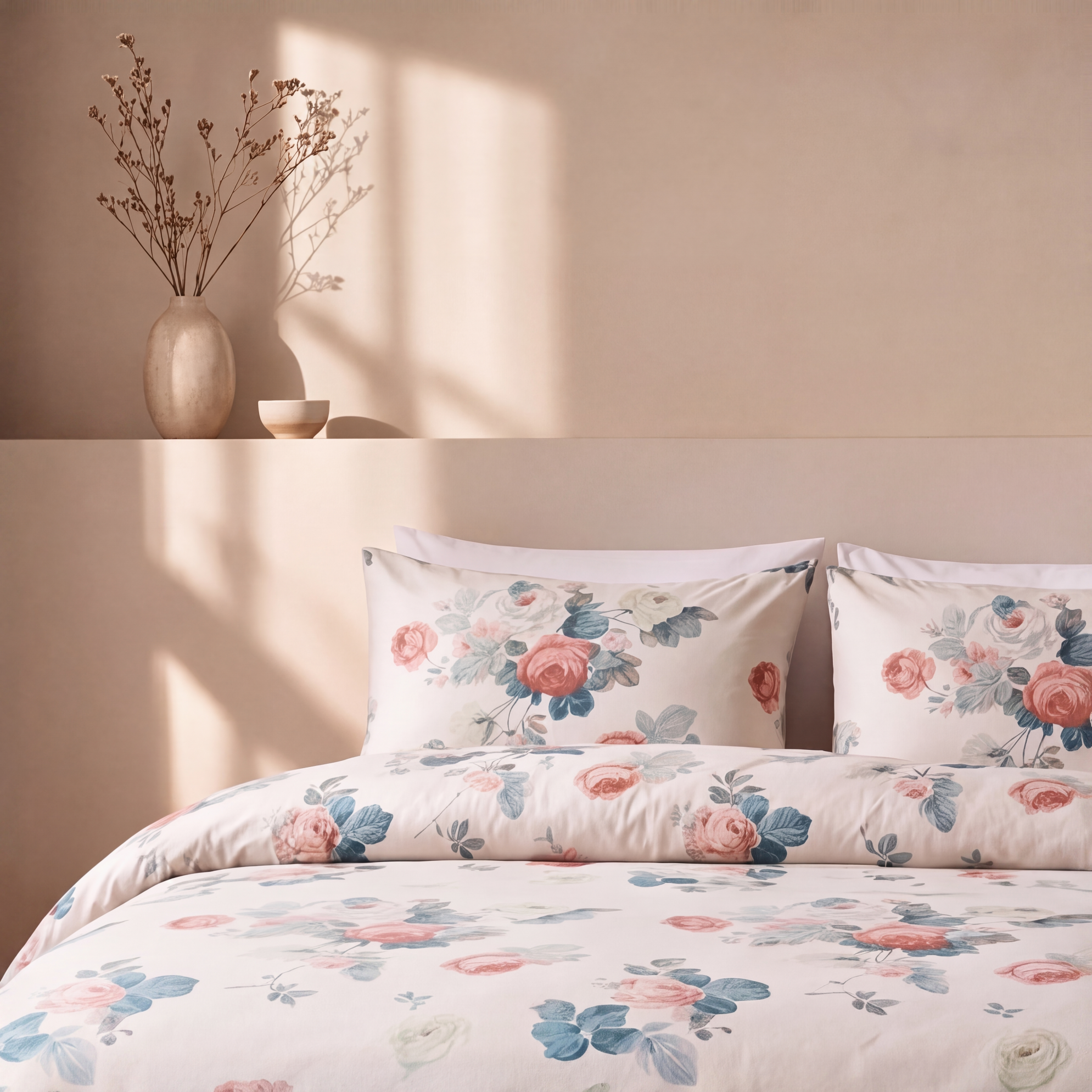 Parure en percale de coton Jardin des Roses, détail oreillers - Maison Textile