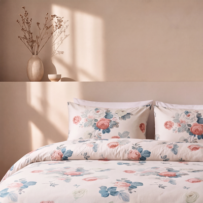 Parure en percale de coton Jardin des Roses, détail oreillers - Maison Textile