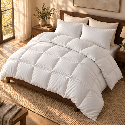 Couette satin premium blanche en satin de coton, à fines rayures et piquage en carreaux cloisonnés.